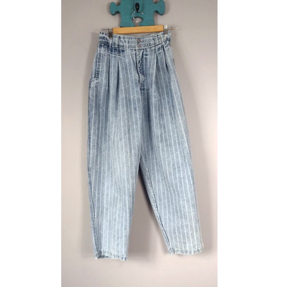 Vintage 80s Bugle Boy High Waist Striped Denim Jeans Tapered Leg Acid Wash Sz 27